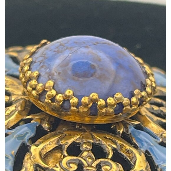 Vintage Brooch Oxidized Gold Tone Blue Accents Blue Stone W Germany - Picture 9 of 11